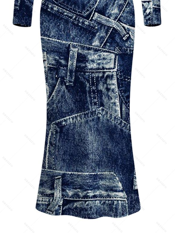 Vintage Dress Faux Denim Print Round Neck Bodycon Maxi Long Sleeve Dress - Bleu profond XL | US 12