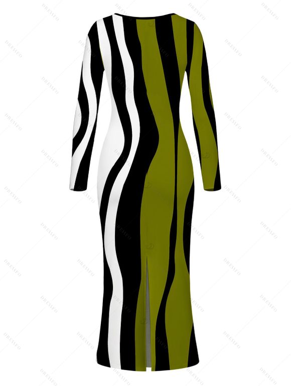 Vintage Dress Colorblock Wave Striped Print Round Neck Bodycon Maxi Dress - Vert Armée S | US 4