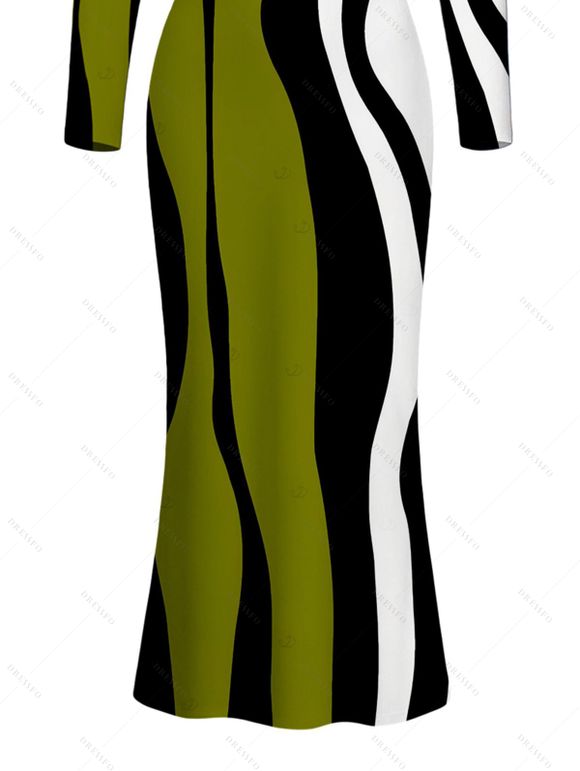 Vintage Dress Colorblock Wave Striped Print Round Neck Bodycon Maxi Dress - Vert Armée S | US 4
