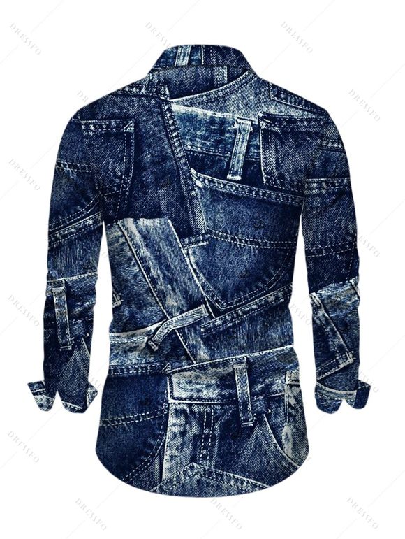 Men's Vintage Shirt Faux Denim Print Long Sleeve Button Up Shirt - Bleu profond S
