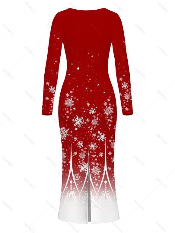 Christmas Dress Ombre Snowflake Print Round Neck Long Sleeve Bodycon Maxi Dress - Rouge XXL | US 14