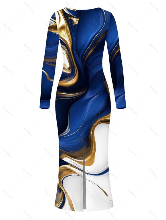 Vacation Dress Colorblock Fluid Marble Print Round Neck Long Sleeve Bodycon Maxi Dress - Bleu profond XL | US 12