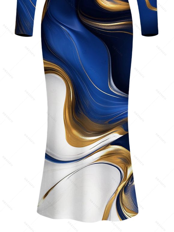 Vacation Dress Colorblock Fluid Marble Print Round Neck Long Sleeve Bodycon Maxi Dress - Bleu profond XL | US 12
