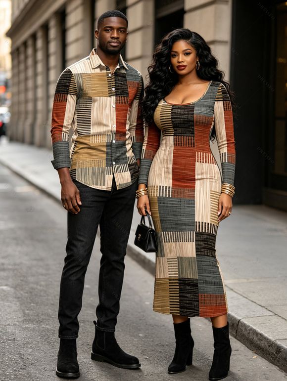 Vintage Couple Outfit Colorblock Plaid Patchwork Print Round Neck Bodycon Maxi Dress and Long Sleeve Shirt Set - multicolor A S | US 4