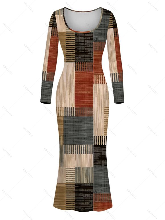 Vintage Couple Outfit Colorblock Plaid Patchwork Print Round Neck Bodycon Maxi Dress and Long Sleeve Shirt Set - multicolor A S | US 4