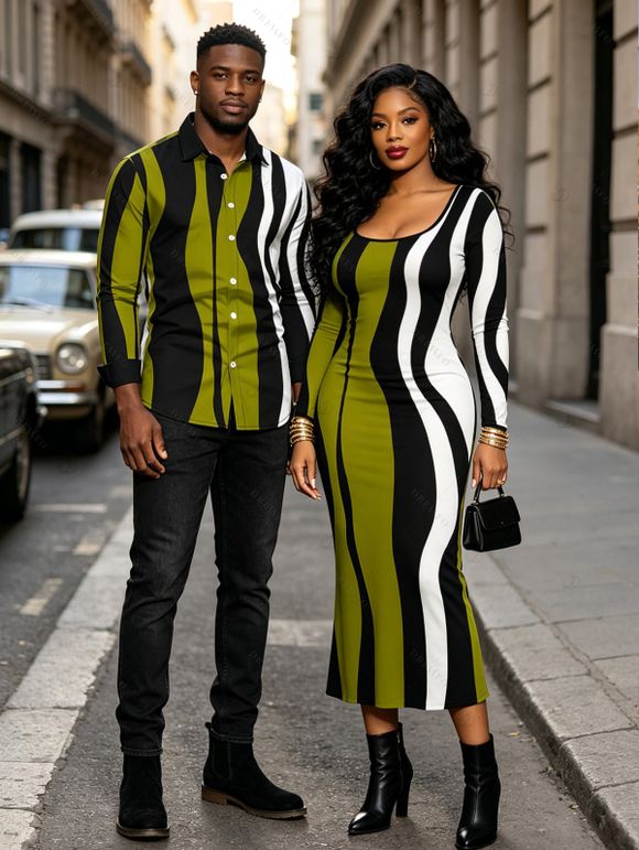 Vintage Couple Outfit Colorblock Wave Striped Print Round Neck Bodycon Maxi Dress and Long Sleeve Shirt Set - Vert Armée S | US 4