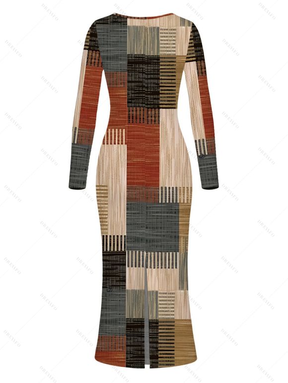 Vintage Couple Outfit Colorblock Plaid Patchwork Print Round Neck Bodycon Maxi Dress and Long Sleeve Shirt Set - multicolor A S | US 4