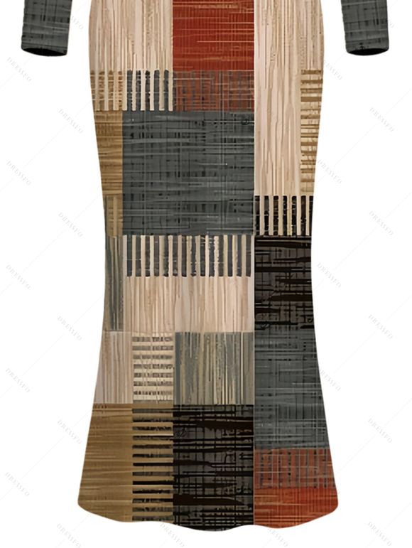 Vintage Couple Outfit Colorblock Plaid Patchwork Print Round Neck Bodycon Maxi Dress and Long Sleeve Shirt Set - multicolor A S | US 4