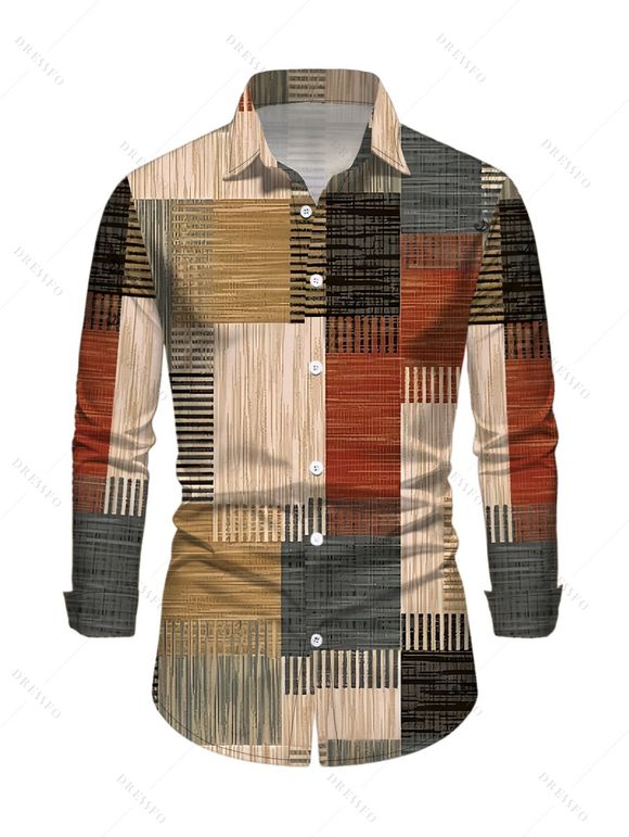 Vintage Couple Outfit Colorblock Plaid Patchwork Print Round Neck Bodycon Maxi Dress and Long Sleeve Shirt Set - multicolor A S | US 4