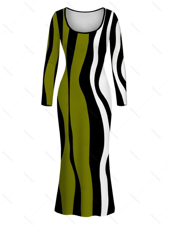 Vintage Couple Outfit Colorblock Wave Striped Print Round Neck Bodycon Maxi Dress and Long Sleeve Shirt Set - Vert Armée S | US 4
