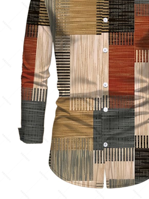 Vintage Couple Outfit Colorblock Plaid Patchwork Print Round Neck Bodycon Maxi Dress and Long Sleeve Shirt Set - multicolor A S | US 4