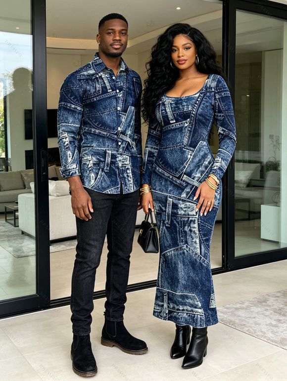 Vintage Couple Outfit Faux Denim Print Round Neck Bodycon Maxi Dress and Long Sleeve Shirt Set - Bleu profond S | US 4