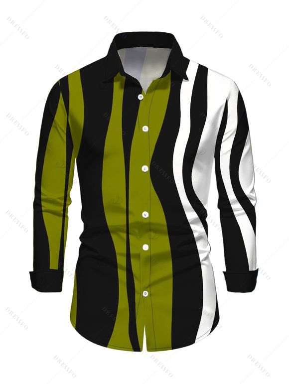 Vintage Couple Outfit Colorblock Wave Striped Print Round Neck Bodycon Maxi Dress and Long Sleeve Shirt Set - Vert Armée S | US 4