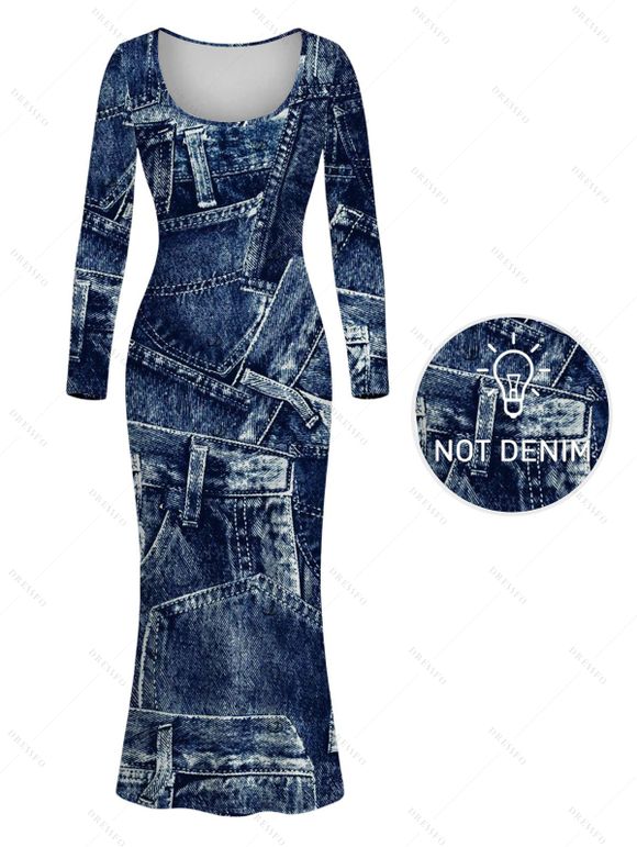 Vintage Couple Outfit Faux Denim Print Round Neck Bodycon Maxi Dress and Long Sleeve Shirt Set - Bleu profond S | US 4