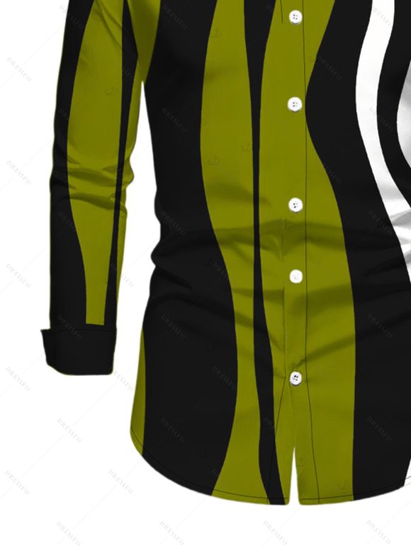 Vintage Couple Outfit Colorblock Wave Striped Print Round Neck Bodycon Maxi Dress and Long Sleeve Shirt Set - Vert Armée S | US 4