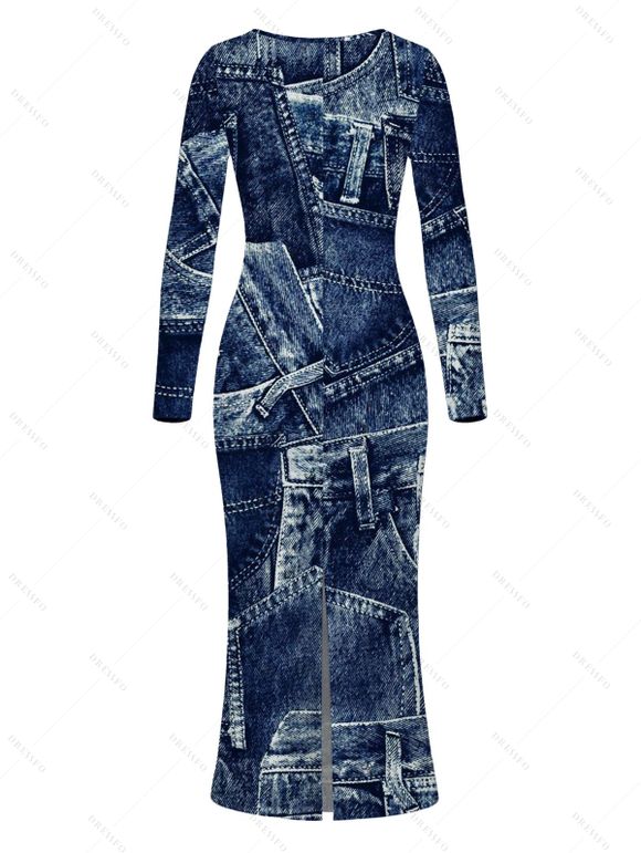 Vintage Couple Outfit Faux Denim Print Round Neck Bodycon Maxi Dress and Long Sleeve Shirt Set - Bleu profond S | US 4