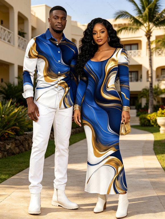 Vacation Couple Outfit Colorblock Fluid Marble Print Round Neck Bodycon Maxi Dress and Long Sleeve Shirt Set - Bleu profond S | US 4