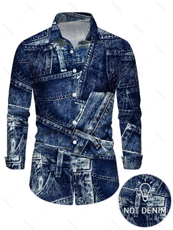 Vintage Couple Outfit Faux Denim Print Round Neck Bodycon Maxi Dress and Long Sleeve Shirt Set - Bleu profond S | US 4