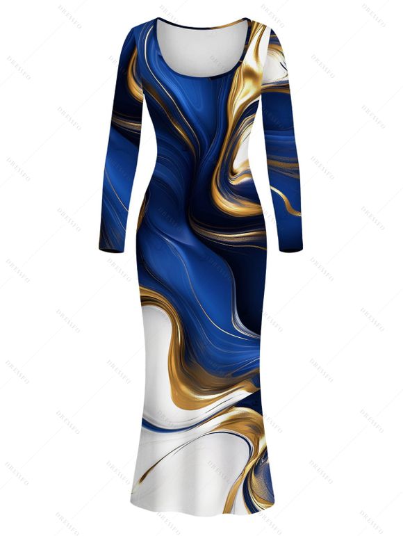 Vacation Couple Outfit Colorblock Fluid Marble Print Round Neck Bodycon Maxi Dress and Long Sleeve Shirt Set - Bleu profond S | US 4