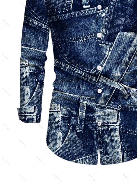 Vintage Couple Outfit Faux Denim Print Round Neck Bodycon Maxi Dress and Long Sleeve Shirt Set - Bleu profond S | US 4