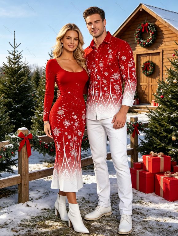 Christmas Couple Outfit Ombre Snowflake Print Round Neck Bodycon Maxi Dress and Long Sleeve Shirt Set - Rouge S | US 4