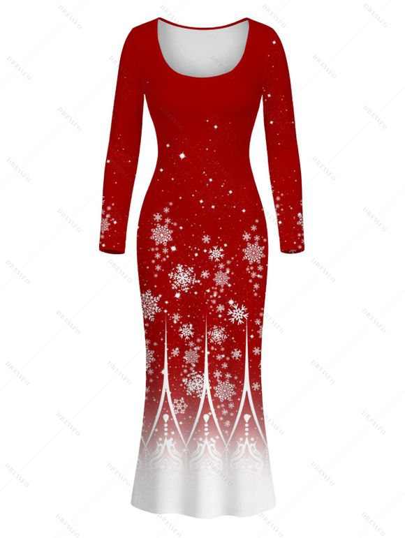 Christmas Couple Outfit Ombre Snowflake Print Round Neck Bodycon Maxi Dress and Long Sleeve Shirt Set - Rouge S | US 4
