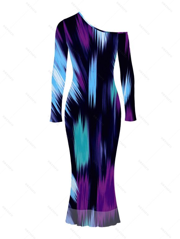 Vacation Dress Abstract Brush Stroke Print Skew Neck Mesh Bodycon Dress - multicolor XXL | US 14