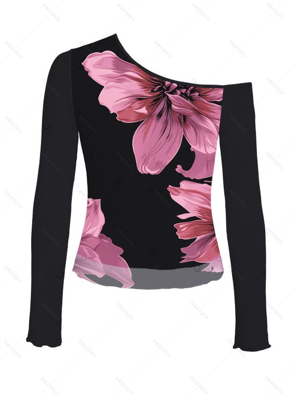 Vacation Top Pink Floral Print Colorblock Mesh Panel Skew Neck Cropped Top - Rose XXL | US 14