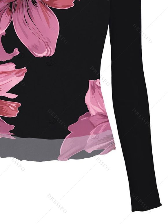 Vacation Top Pink Floral Print Colorblock Mesh Panel Skew Neck Cropped Top - Rose XXL | US 14