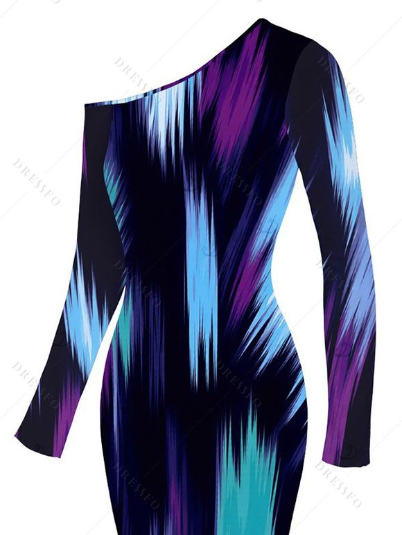 Vacation Dress Abstract Brush Stroke Print Skew Neck Mesh Bodycon Dress - multicolor XXL | US 14