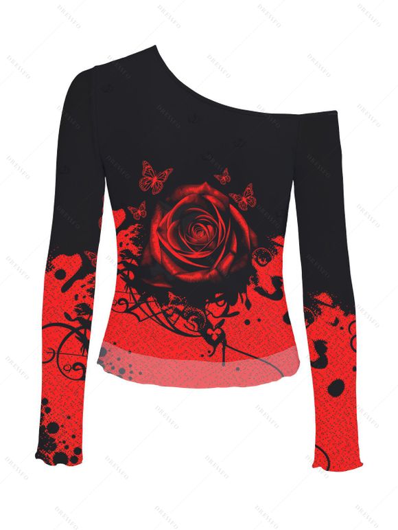 Gothic Top Rose Floral Butterfly Print Colorblock Mesh Panel Skew Neck Cropped Top - Rouge XXL | US 14