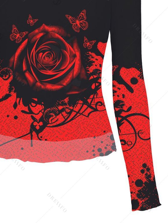 Gothic Top Rose Floral Butterfly Print Colorblock Mesh Panel Skew Neck Cropped Top - Rouge XXL | US 14