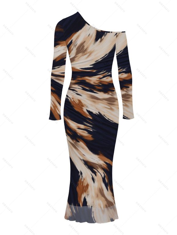 Vacation Dress Abstract Brush Stroke Print Mesh Skew Neck Long Sleeve Bodycon Dress - multicolor S | US 4
