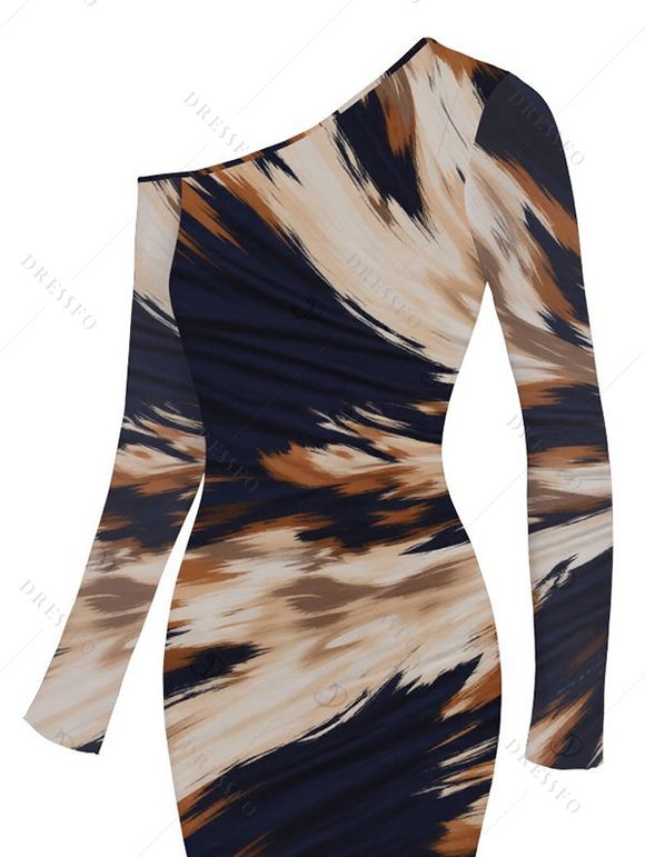 Vacation Dress Abstract Brush Stroke Print Mesh Skew Neck Long Sleeve Bodycon Dress - multicolor S | US 4