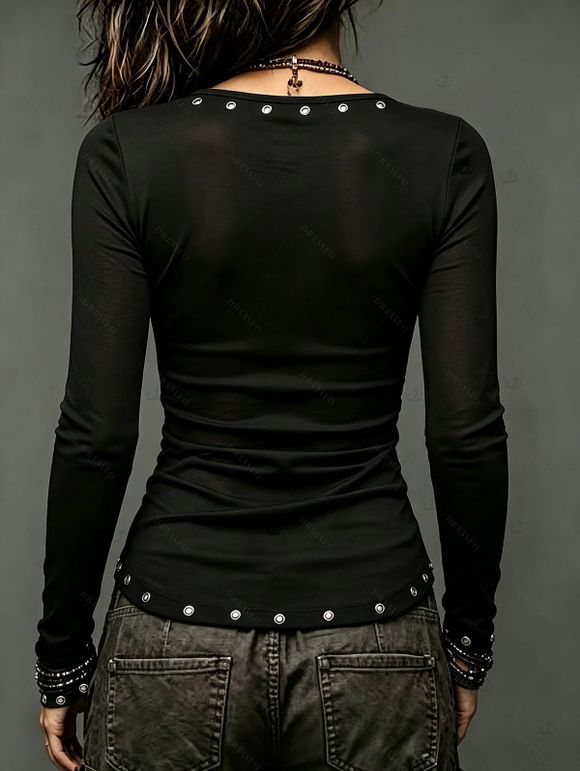 Solid Color Top V Neck Grommet Lace Up Long Sleeve Slim Top - Noir XXL | US 14