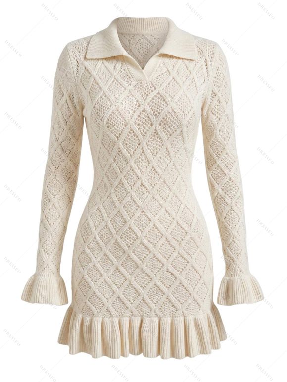 Solid Color Sweater Dress Geometric Textured Flounce Turn Down Collar Bodycon Mini Dress - Beige M | US 6