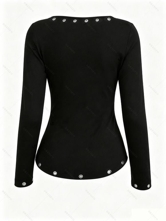 Solid Color Top V Neck Grommet Lace Up Long Sleeve Slim Top - Noir XXL | US 14