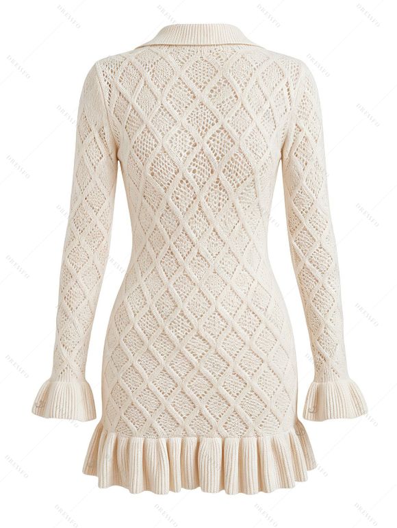Solid Color Sweater Dress Geometric Textured Flounce Turn Down Collar Bodycon Mini Dress - Beige M | US 6
