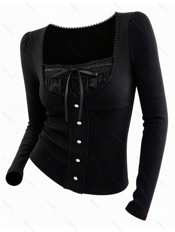 Lace Panel Bowknot Top Square Neck Mock Button Long Sleeve Solid Color Top - Noir XXL | US 14