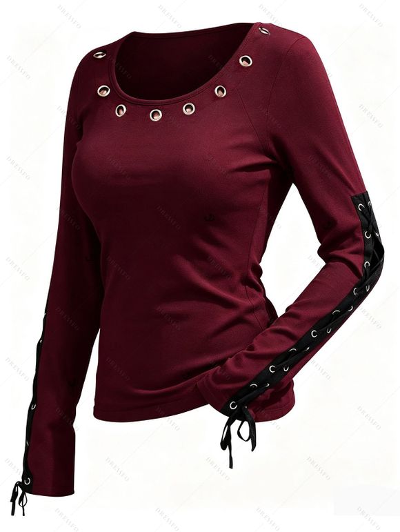 Solid Color Top Grommet Lace Up Round Neck Long Sleeve Top - Rouge foncé XXL | US 14