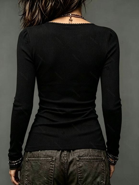 Lace Panel Bowknot Top Square Neck Mock Button Long Sleeve Solid Color Top - Noir XXL | US 14
