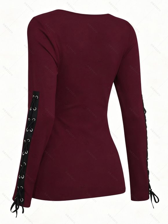 Solid Color Top Grommet Lace Up Round Neck Long Sleeve Top - Rouge foncé XXL | US 14
