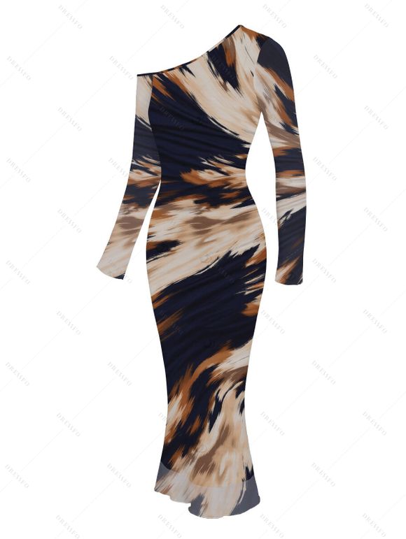 Vacation Couple Outfit Abstract Brush Stroke Print Mesh Skew Neck Bodycon Dress and Long Sleeve Shirt Set - multicolor S | US 4