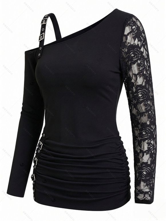 Gothic Top Rose Grommet Buckle Long Lace Sleeve Ruched Skew Neck Top - Noir XXL | US 14