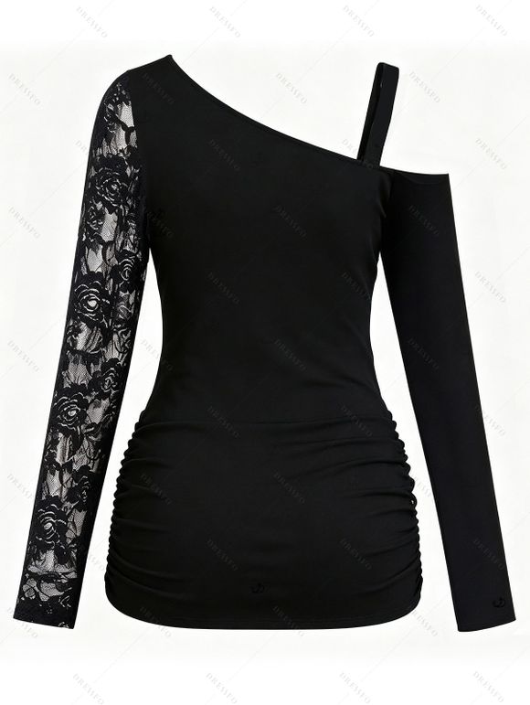 Gothic Top Rose Grommet Buckle Long Lace Sleeve Ruched Skew Neck Top - Noir XXL | US 14