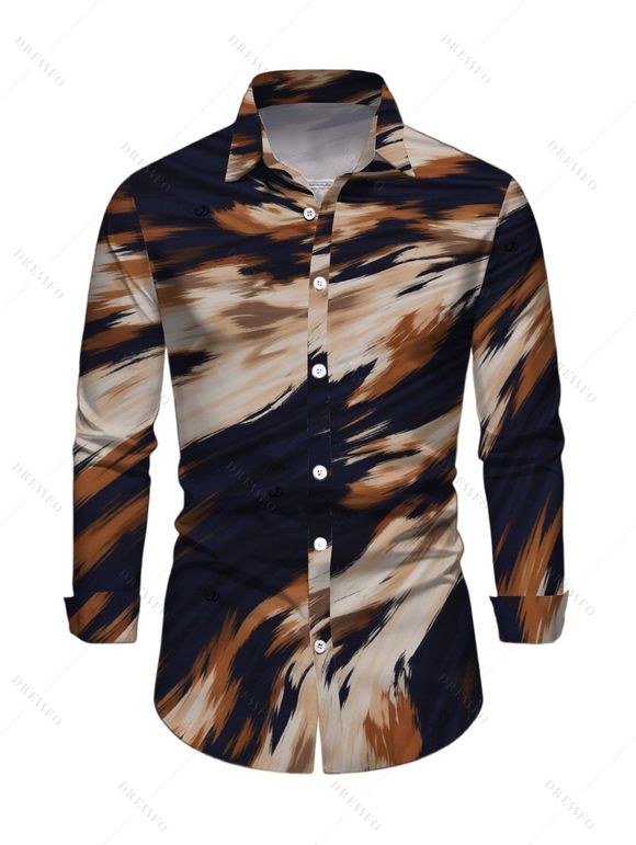 Vacation Couple Outfit Abstract Brush Stroke Print Mesh Skew Neck Bodycon Dress and Long Sleeve Shirt Set - multicolor S | US 4