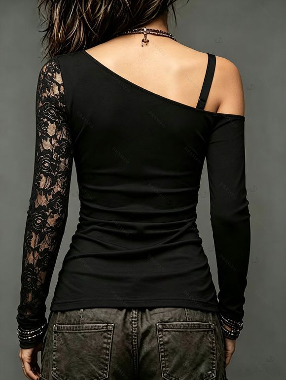 Gothic Top Rose Grommet Buckle Long Lace Sleeve Ruched Skew Neck Top - Noir XXL | US 14