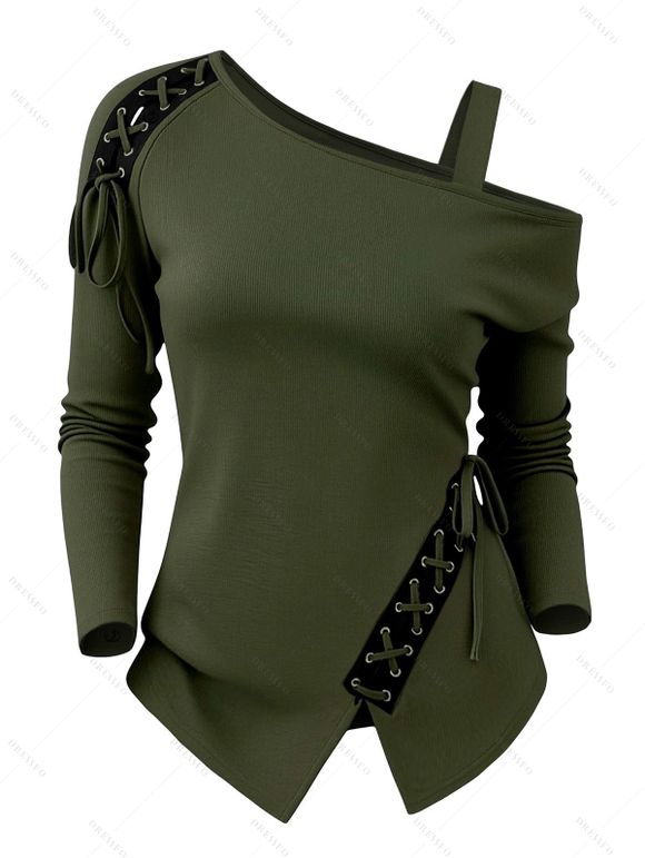 Solid Color Top Skew Neck Lace Up Grommet Asymmetrical Hem Long Sleeve Top - Vert Armée XXL | US 14