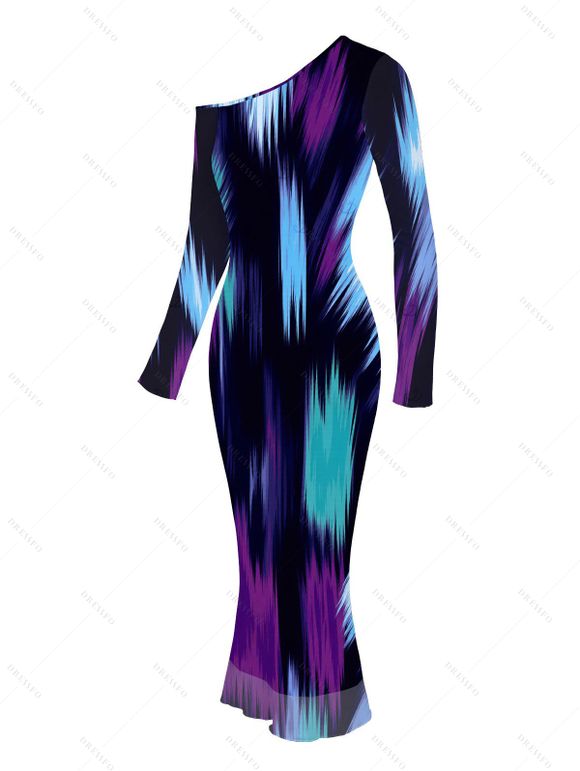 Vacation Couple Outfit Abstract Brush Stroke Print Skew Neck Mesh Bodycon Dress and Long Sleeve Shirt Set - multicolor S | US 4