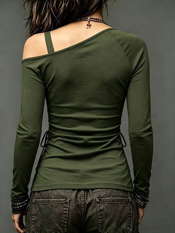 Solid Color Top Skew Neck Lace Up Grommet Asymmetrical Hem Long Sleeve Top - Vert Armée XXL | US 14